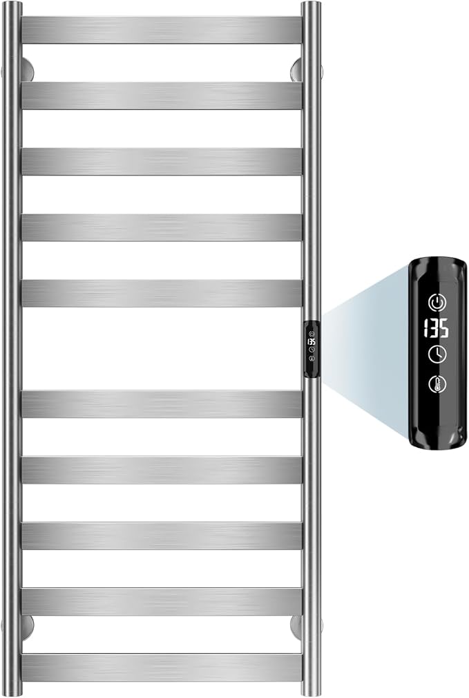 Electric Towel Warmer Rack, 10-Bar Stainless Steel Heated Tower Rack with Built-in Timer, Wall Mounted, Plug-in/Hardwired (Silver)