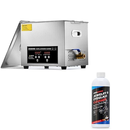 CREWORKS 10L Ultrasonic Cleaner with Heater & Timer, and 17 fl oz Jewelry Cleaner Solution for Gold Diamond Gemstone Glasses Silver Jewelry