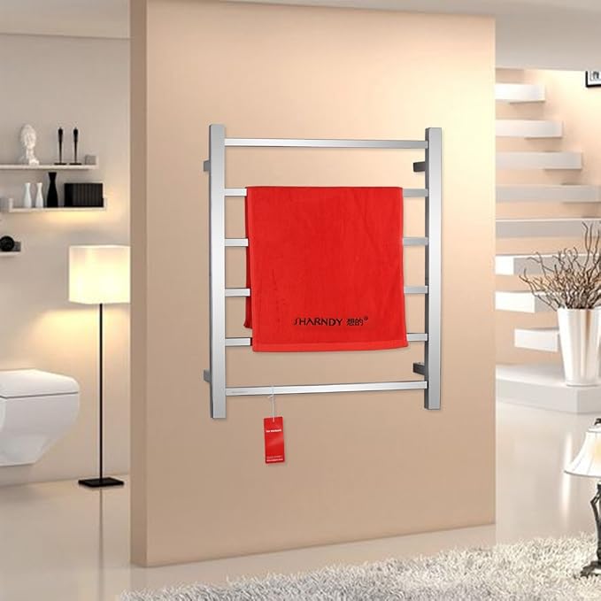 Towel Warmer Polished Chrome for Bathroom Wall Mounted Bath Towel Heater Plug-in Square 6 Bars Drying Rack Stainless Steel Electric Heated Towel Rack ETW13 68W 26.77x20.47x4.13 inches