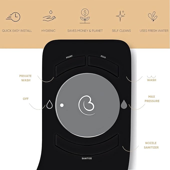 Revolution Cool Water. Bidet attachment for toilet. Luxury design, bathroom bidet sprayer for toilet, auto shut off, non electric, dual nozzle, feminine wash, self cleaning. Black Tokyo.