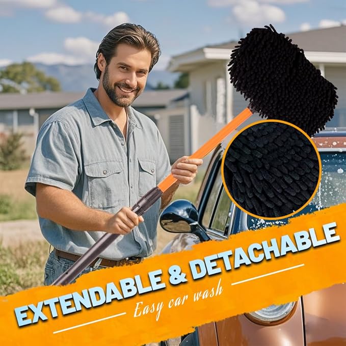 Car Wash Brush with Long Handle, Chenille Microfiber Car Wash Mop Kit, Scratch Free Car Cleaning Supplies with Ergonomic 15掳 Curved Extension Pole for RV Truck Boat Windshield - Orange