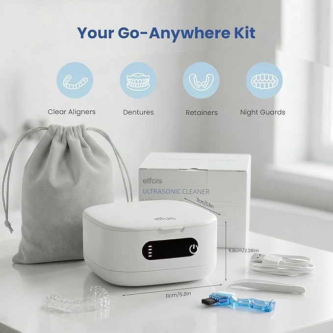 Portable Ultrasonic Retainer Cleaner with UV - Cordless Rechargeable Cleaner Machine for Invisalign, Aligners, Night Guards, Dentures | Travel-Ready with Built-in Mirror