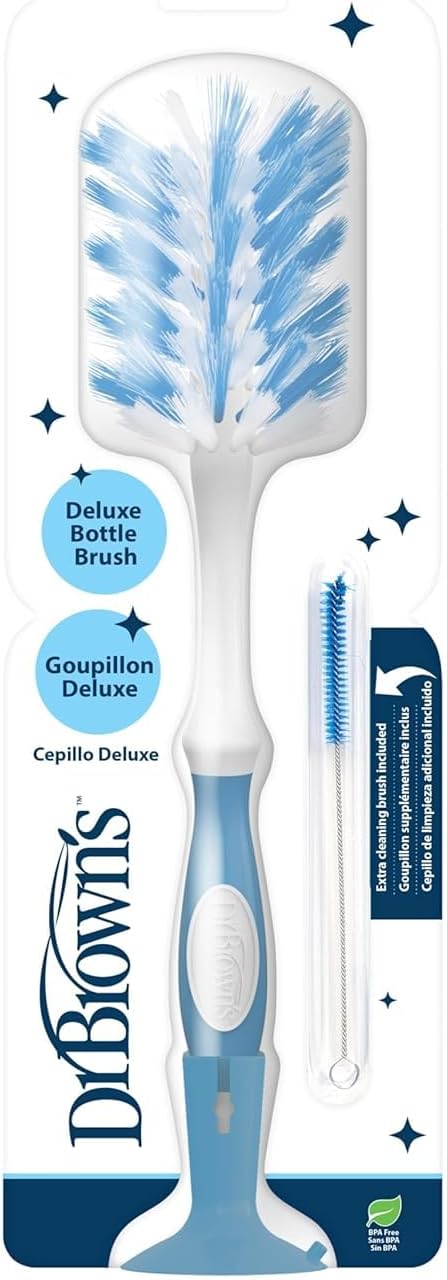 Dr. Brown's Deluxe Bottle Brush for Cleaning Baby Bottles, Nipples, and Sippy Cups with Suction Cup Stand and Vent Brush, BPA-Free, Blue, 3-Pack