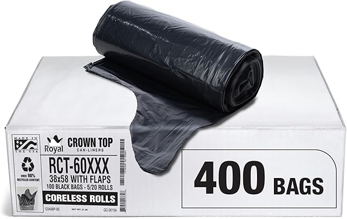 Aluf Plastics RCT-60XXX Star Sealed Coreless Rolls with E-Z Tie Flap Closure, 60 gal, Polyethylene, 38" x 58", Black (Pack of 400)