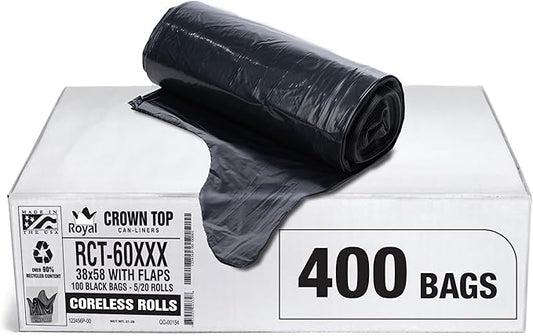 Aluf Plastics RCT-60XXX Star Sealed Coreless Rolls with E-Z Tie Flap Closure, 60 gal, Polyethylene, 38" x 58", Black (Pack of 400)