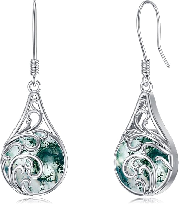 PELOVNY Celtic Knot Filigree Earrings for Women 925 Sterling Silver Moss Agate/Birthstone Infinity Earrings Birthday Christmas Jewelry Gifts for Mom Daughter Wife Sister