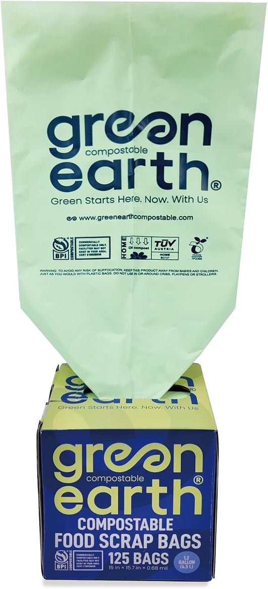 Green Earth Compostable Bags for Countertop Compost Bins, 1.2 Gallon (4.5L), Extra Thick 0.68 Mil, Leak-Proof & Odor Control, 125-Count, ASTM D6400, BPI (US) & OK Compost Home (EU) Certified