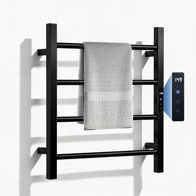 Heated Towel Racks for Bathroom, Hot Towel Warmer 4 Bars with 24hr Timer Stainless Steel Wall Mounted Electric Towel Warmers for Bathroom (Black, 4-Bar)