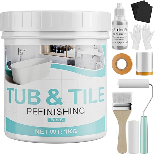 Tile Paint, 35oz Tub and Tile Paint Refinishing Kit with Tools and Hardener, Easy to Use for Countertop Bathroom Bathtub Kitchen Sink, Semi-Gloss White, Low Odor，50-55sq.ft