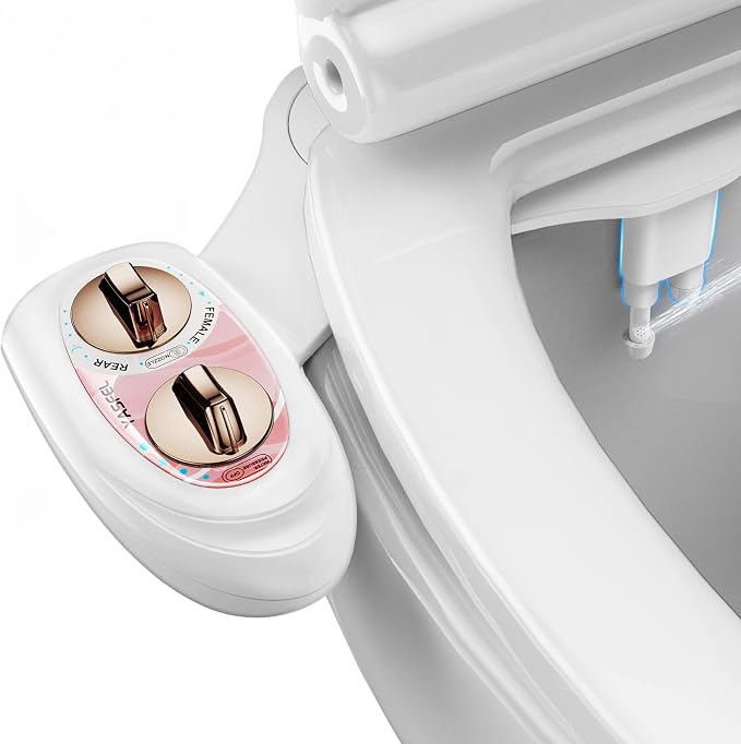 YASFEL Bidet Attachment for Toilet - Self-Cleaning Bidet with Pressure Controls, Non-Electric Cold with Dual Nozzles for Frontal/Rear Wash (Rose Gold)
