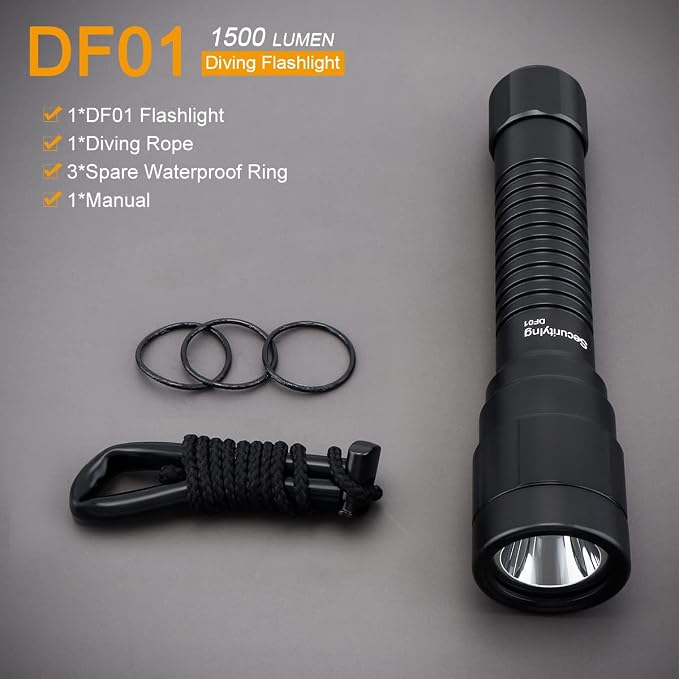 SecurityIng DF01 Scuba Diving Light, 1500 Lumens Mechanical Twist On/Off Underwater 150M Recreational Technical Diving Safety Flashlight, 9 Degrees Narrow Beam IP68 Waterproof Submarine Dive Torch