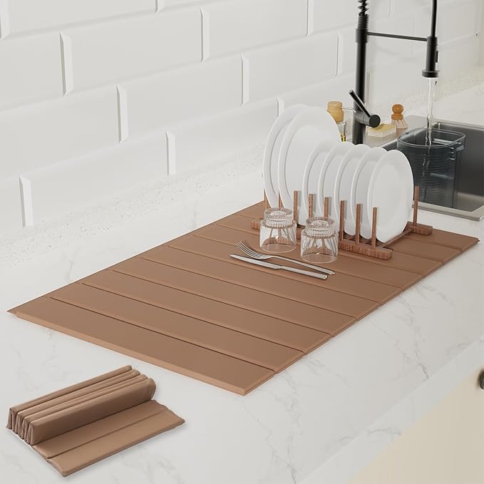 Dish Drying Mat，Stone Drying Mat for Kitchen Counter，Heat Resistant and Super Absorbent Foldable Bath mats,Made of Diatomaceous Earth and Leather.24.8"×15.7" Brown