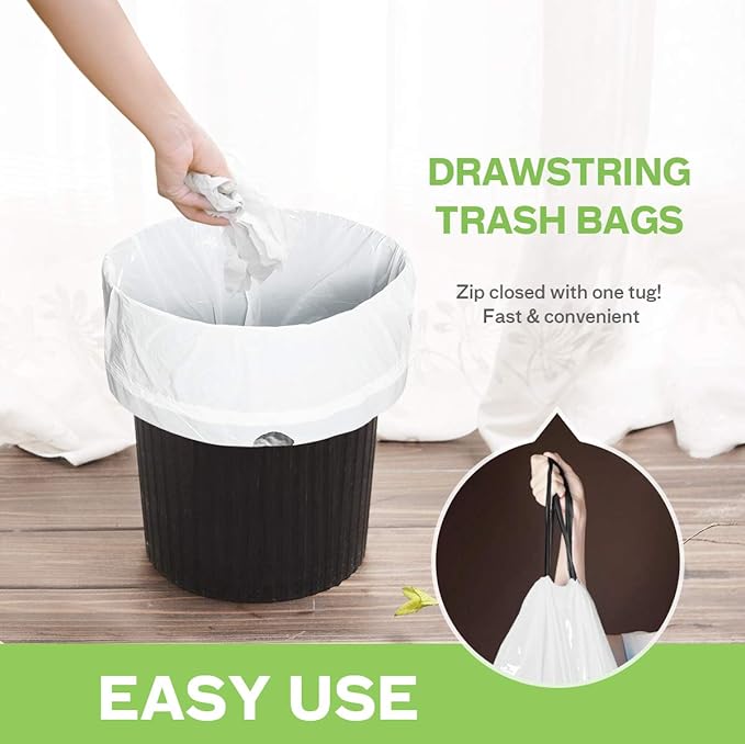 Teivio 6 Gallon 200pcs Strong Drawstring Trash Bags Garbage Bags, Bathroom Trash Can Bin Liners, Plastic Bags for home kitchen office, White