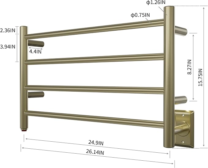 HEATGENE Towel Warmer 4 Bar Towel Dryer Wall-Mounted Plug-in Bath Towel Heater - Brushed Brass