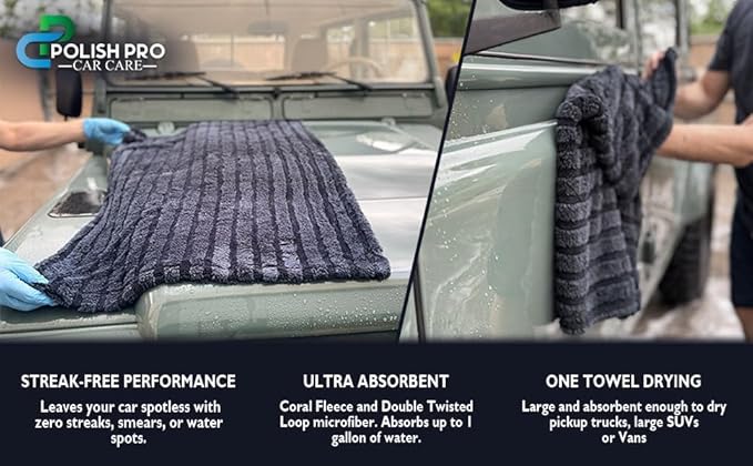 Polish Pro Car Drying Towel & Wash Mitt, Ultra Soft, Super Absorbent 1400 GSM Car Washing Kit, Twisted Loop & Coral Fleece, Holds Up to 10lbs Water, 24"x36", Set of 2