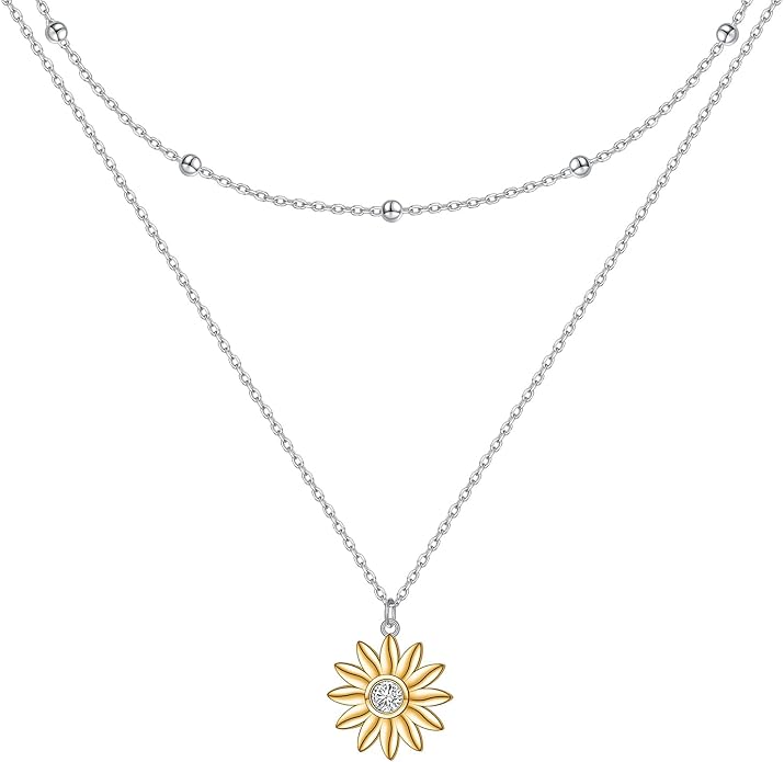 FLYOW Layered Choker Necklace S925 Sterling Silver Star Full Moon Daisy Flower Pendant Disc Jewelry Adjustable Clavicle Necklaces for Women Girls Birthday Gifts