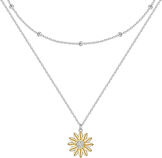 FLYOW Layered Choker Necklace S925 Sterling Silver Star Full Moon Daisy Flower Pendant Disc Jewelry Adjustable Clavicle Necklaces for Women Girls Birthday Gifts
