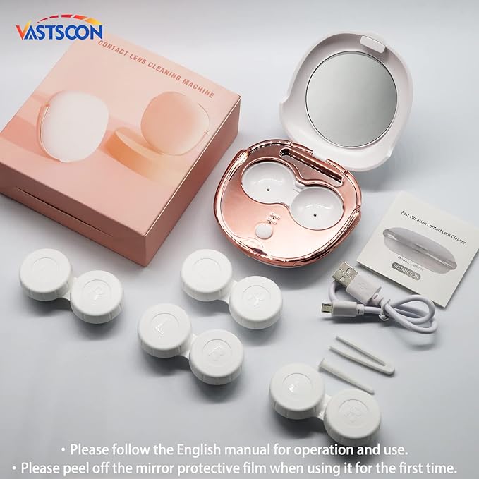 Contact Lens Cleaner, Portable Ultrasonic Contact Lens Cleaning Machine with USB Charger and Solution Soak Case Kit for Soft Lens, Colored Contact Lens, Hard Lens, RGP Lens and OK Lens (White)
