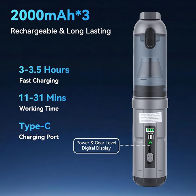 OTraki Portable Cordless Car Vacuum 15000Pa Handheld Vacuum Cleaner | Rechargeable Hand Cordless with Crevice Tool, Rotating Nozzle, Charging Station, Large Dust Bowl for Home, Car, Office, Pet
