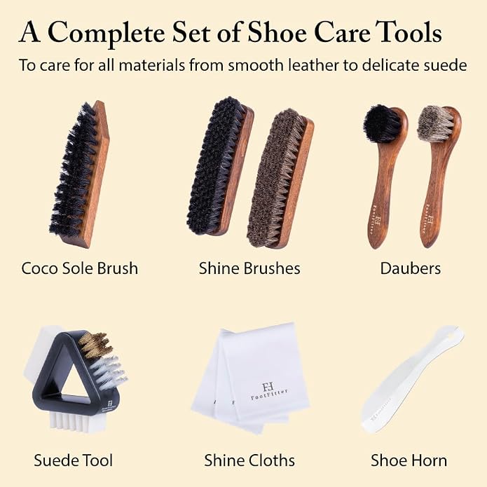 FootFitter Ultimate Shoe Care Kit with Premium Shine Brushes & Suede Tools | Lifts Surface Dirt, Enhances Natural Finish & Helps Maintain Texture on Leather, Nubuck & Other Materials (Made in Germany)