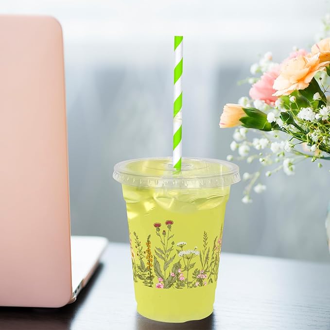 JarThenaAMCS 50Pcs Wildflower Plastic Cups 12 Oz Spring Summer Vintage Floral Cold Beverage Drinking Cups with Lids and Straws Disposable Stackable Party Cup for Baby Shower Birthday