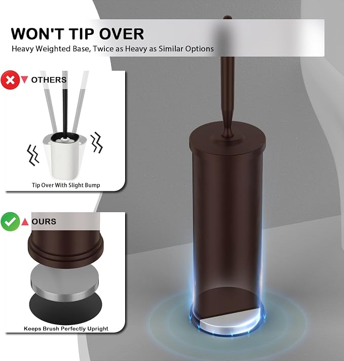 Stainless Steel Toilet Brush and Holder Set : Weighted Stable Base, Removable Inner Tube.Long Handle Toilet Bowl Brush Splash-Proof Design for Deep Cleaning & Space-Saving Storage,Bronze