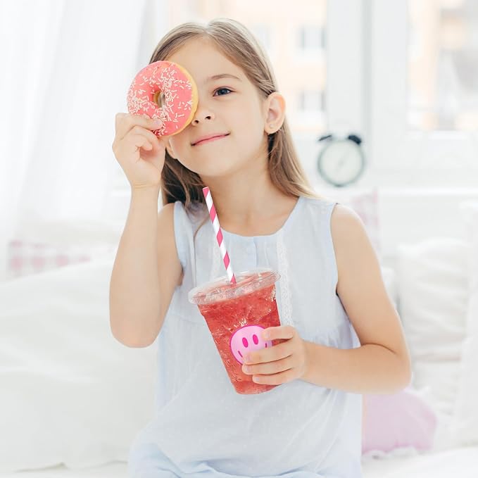 Whaline 50 Pcs Preppy Smile Face Cups with Lids and Straws 12oz Pink Happy Face Disposable Plastic Party Cups Happy Smile Cold Beverage Drinking Cup for Birthday Party Baby Shower Wedding