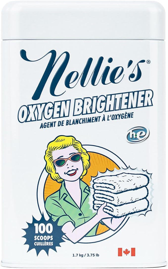 Nellie's Oxygen Brightener - 100 Scoops - Planet Friendly Stain Remover - Safe Alternative to Bleach - Septic-Safe Formula - Compact Powder Form - Made in Canada | Chlorine-Free, Colour-Safe & Septic-Safe, Concentrated Oxygen Brightener Powder, Made in...