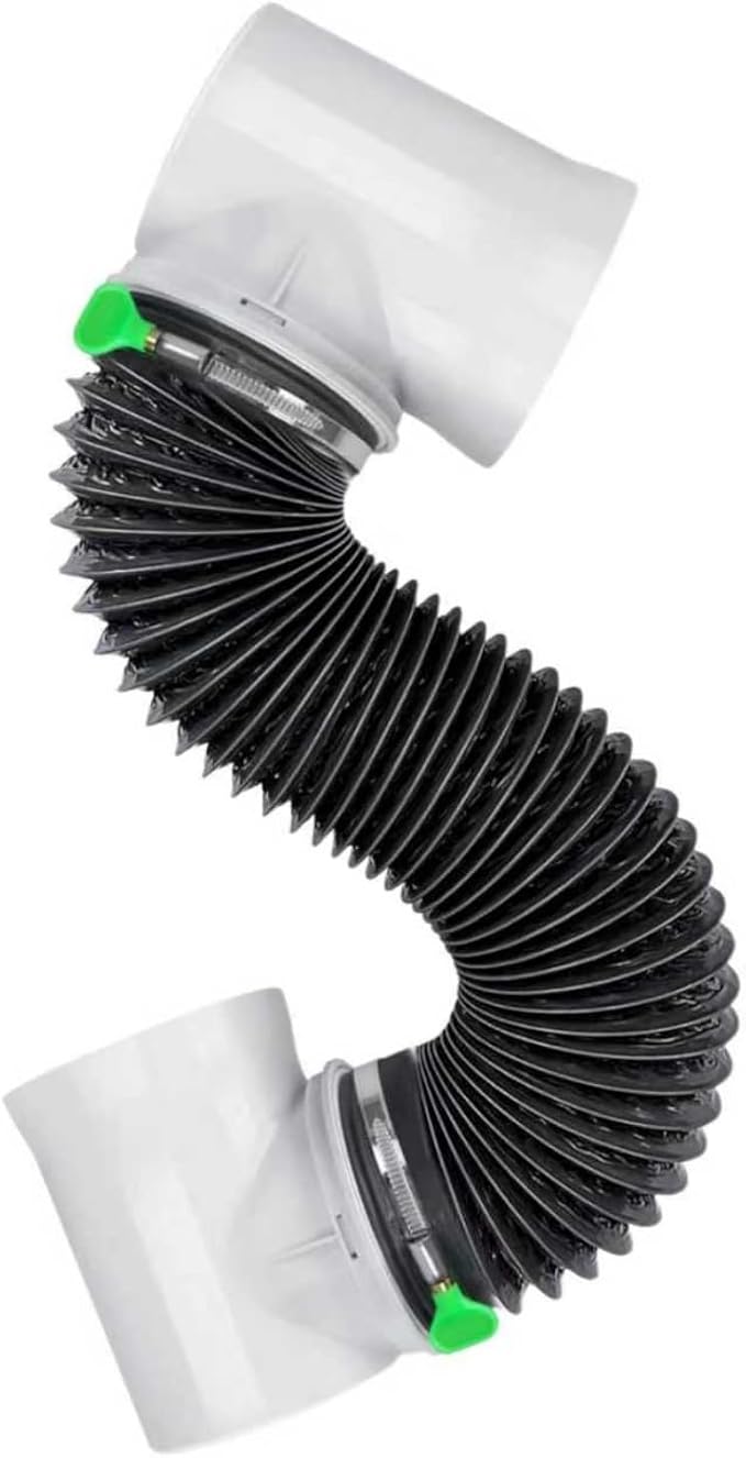 Indoor Dryer Vent Hose Kit with 90 Degree Elbow, Flexible Black Corrugated Pipe with White End Fittings, Green Locking Rings