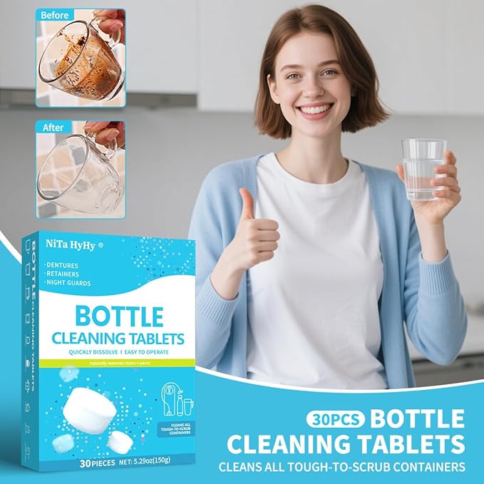 Bottle Brush and Bottle Cleaning Tablets, Long-Lasting, Non-Slip Handle, Durable, Reusable;Thermos Cleaning Tablets,Stainless Steel Cleaner,for Hot Water Bottle,Coffee Pot,Glass,Tumbler,60 pc
