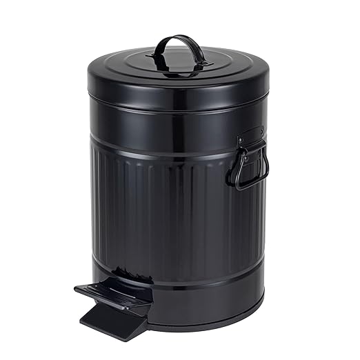 Bathroom Trash Can with Lid, Small Waste Basket for Home Bedroom, Retro Step Garbage Can with Soft Close, Vintage Office Trash Can, 5 Liter/ 1.3 Gallon, Glossy Black