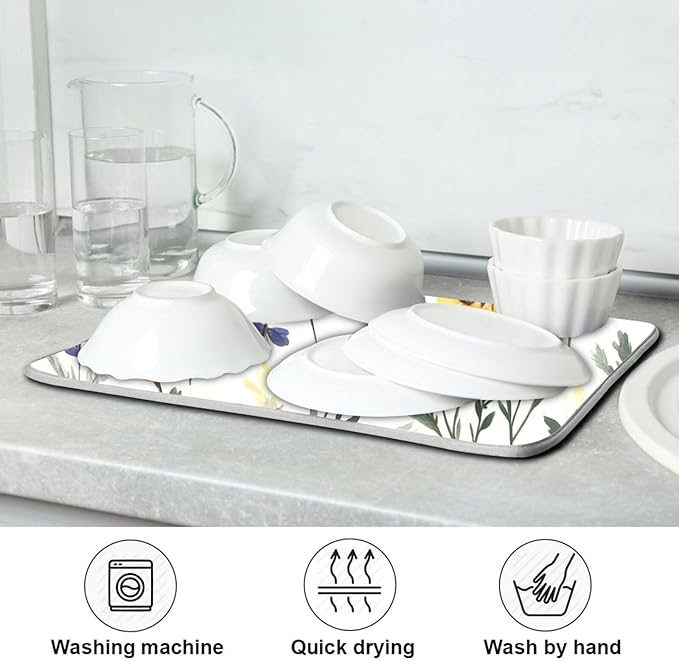 Watercolor Flowers Absorbent Dishes Drainer/Rack Mat for Countertop Small Size 16 x 18, Microfiber Dish Drying Pads Kitchen Counter Draining Pad