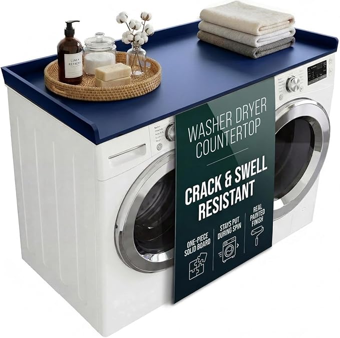 Premium Washer Dryer Countertop 54" W x 27.5" D x 3.1" H, One Solid Base Board Laundry Room Topper with Edge Rails, Washing Machine Top, Painted Finish, Anti-Slip Feet, Engineered Wood, Blue Color