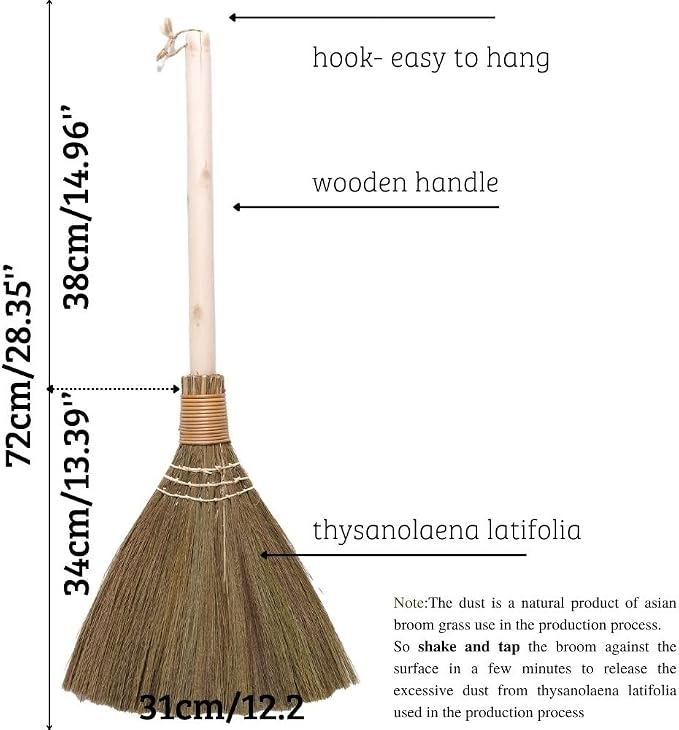 Handmade Vietnamese Straw Broom, Single Handle – Free Halloween Decoration Set, Witch Broom for Costume, Haunted House & Indoor Decor, Soft Grass Whisk Broom for Sweeping or Display