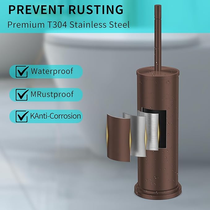 Bronze Toilet Brush and Holder Set,304 Stainless Steel Toilet Brush for Bathroom with Long Handle, Heavy Duty Toilet Bowl Brush,Removable Inner Bowl and Splash Protection,Deep Cleaning