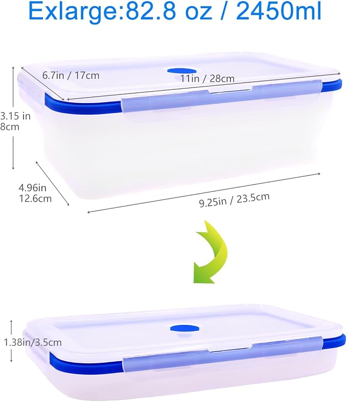 Extra Large Collapsible Translucent Silicone Food Storage Containers With Lids, 82.8oz, 2 Pack, XXL Foldable Bento Lunch Box, Reusable Big Meal Boxes for Kitchen, Camping, BPA Free