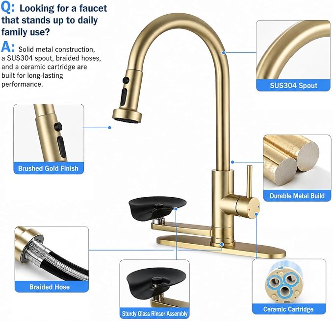 Kitchen Faucet with Glass Rinser for Sink, Pull Down Faucet with 3 Spray Modes and High Pressure Glass Rinser, Single Hole 2 in 1 High Arc Stainless Steel Kitchen Faucets (Brushed Golden)