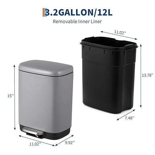 12L Bathroom Trash Can with Lid, Stainless Steel Kitchen Trash Can with Odor-Protective Lid | Hands-Free, with Foot Pedal and Trash Bag Ring, Removable Inner Bin, Suitable for Bathrooms, Gray