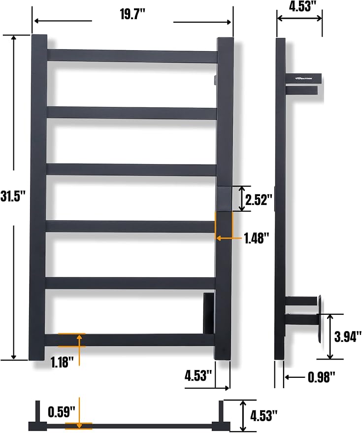 Topdattion Electric Towel Warmer | Super Thin | with Timer & Temperature Multi-Level Adjustments | Hardwired & Plug-in | 6 Bar | Matte Black Finish