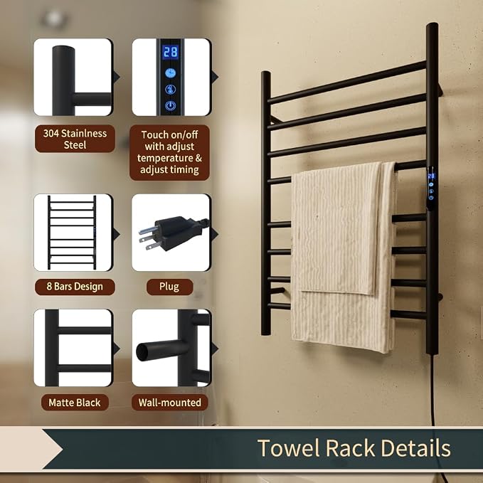 KWW Heated Towel Rack, Remote Control with APP Tuya, Towel Warmer with Timer, Wall Mounted Hot Towel Warmer for Bathroom (Matte Black, 7Bars)