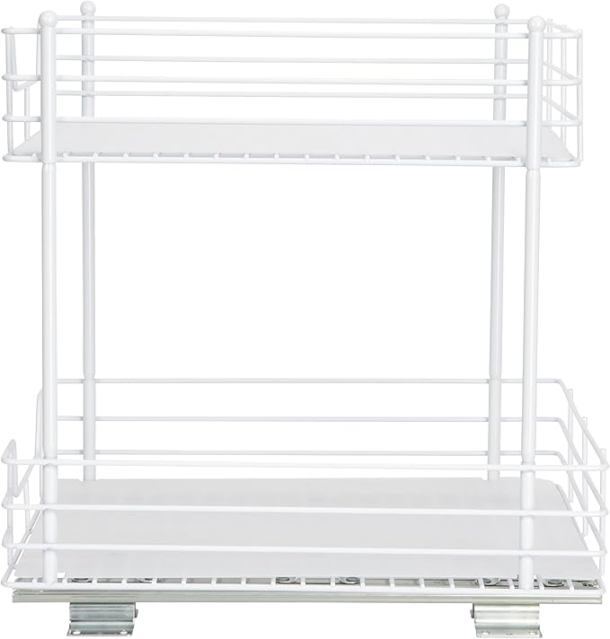 Household Essentials 2-Tier Sliding Pantry Organizer, 16.73" H x 15.35" W x 16.14" D, Strong Powder-Coated Steel Frame, Durable and Versatile, Easy Installation, Mounting Hardware Included, White