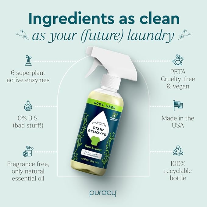 Puracy Pet Stain and Odor Remover and Stain Remover Spray Bundle - Enzyme Cleaner for Dog Urine and Poop Carpet (Cucumber & Mint, 25oz) Travel Laundry Stain Cleaner for Clothes (Free & Clear, 12oz)