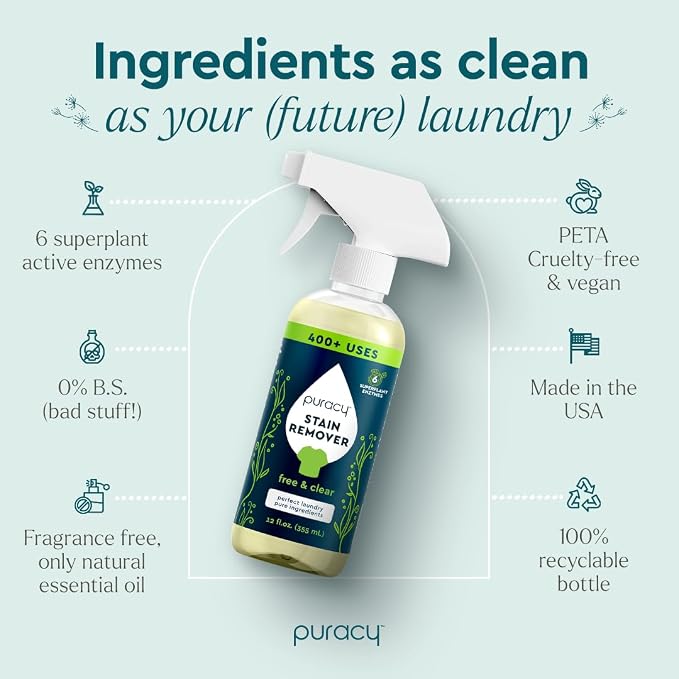 Puracy 12oz Stain Remover Laundry Stain Remover Spray for Clothes, Enzyme-powered Natural Liquid Laundry Detergent 48oz Refill Free & Clear 12oz & Fresh Linen 48oz Bundle
