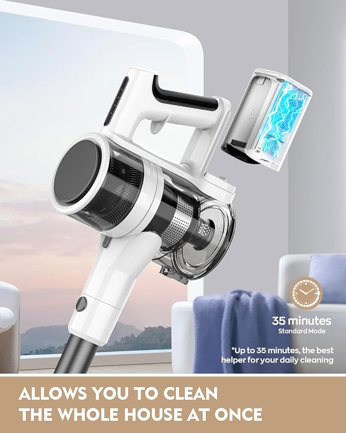 Comvtu Cordless Vacuums, 80,000PRM Powerful Motor Vacuum Cleaner and 2200mAH Rechargeable Battery up to 35 Mins Worktime, 2 Adjustable Modes, Detachable Parts, Wireless Stick Vacuum (Icicle White)