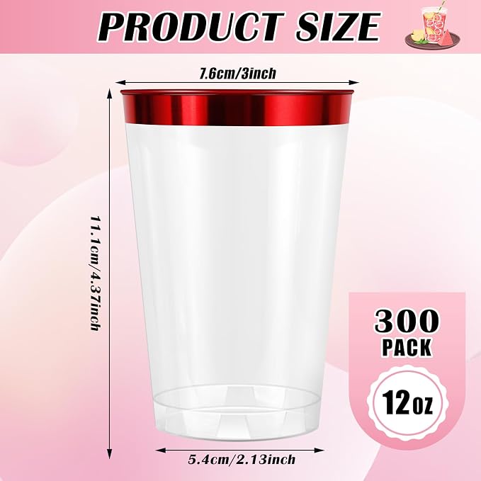 100 Pcs Red Plastic Cups,12 oz Red Rimmed Plastic Cup,Disposable Wine Glasses,Elegant Cocktail Drinking Cup, Clear Party Cups for Wedding Birthday Family Gatherings Holiday