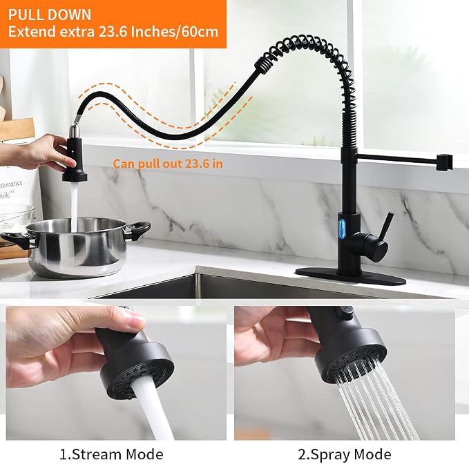 Touchless Kitchen Faucet with Pull Down Sprayer LED Light Single Handle Kitchen Sink Faucet Motion Sensor Smart Hands-Free, Stainless Steel Black
