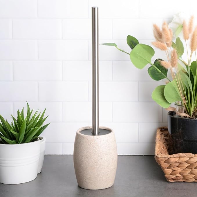 Clasin Home Toilet Bowl Brush and Holder with Stainless Steel Long Handle, Toilet Scrubber Brush with Durable Base, 360° Deep Cleaning Bristles for Bathroom, Compact Set for Small Space (Beige)