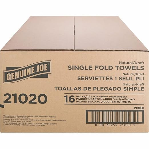 Genuine Joe Singlefold Paper Towels, 10.25" x 9.1", 1-Ply, Kraft, 250/Pack, 16 Count