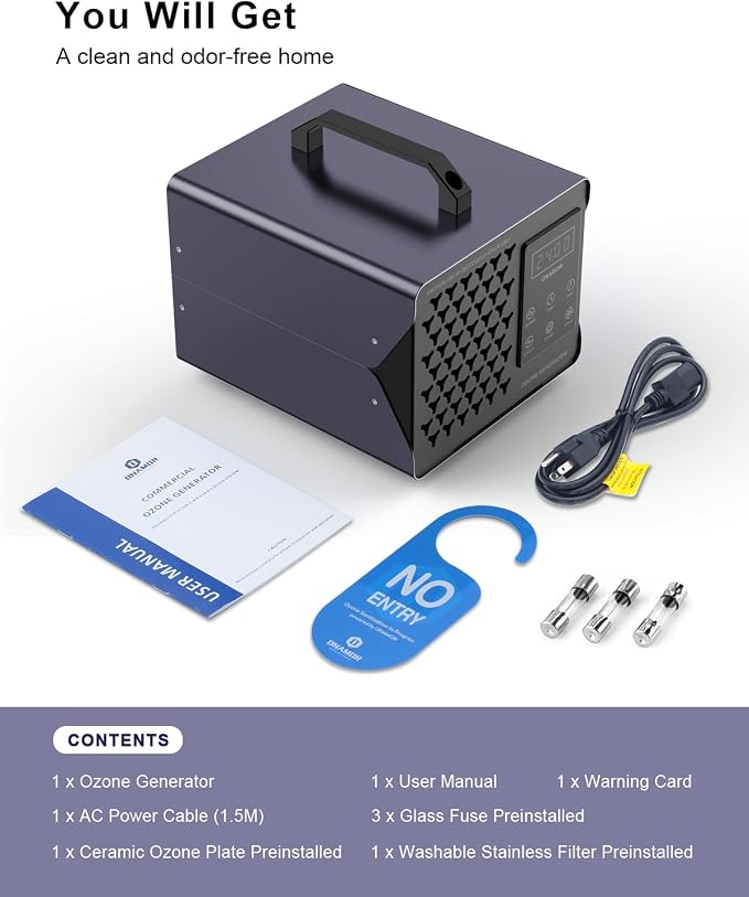 ONAMOR Digital Ozone Generator Odor Eliminator 180,000mg, High Capacity Ozone Machine Odor Removal Up to 8,000 Sq.Ft, Ozone Odor Eliminator, Ionizer Ozonator for Home, Car, Smoke, Pet Room (Grey)