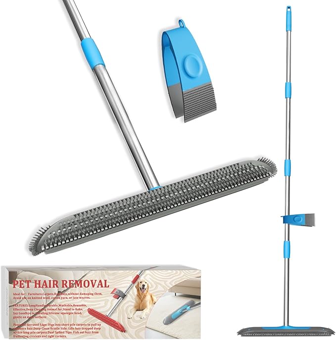 Carpet Rake for Pet Hair Removal Tool, 2 in 1 Carpet Scraper with 59" Adjustable Handle, Silicone Rug Rake for Dog & Cat Fur Hair, Pet Hair Remover for Rugs, Mats, Couch, Furniture, Floor